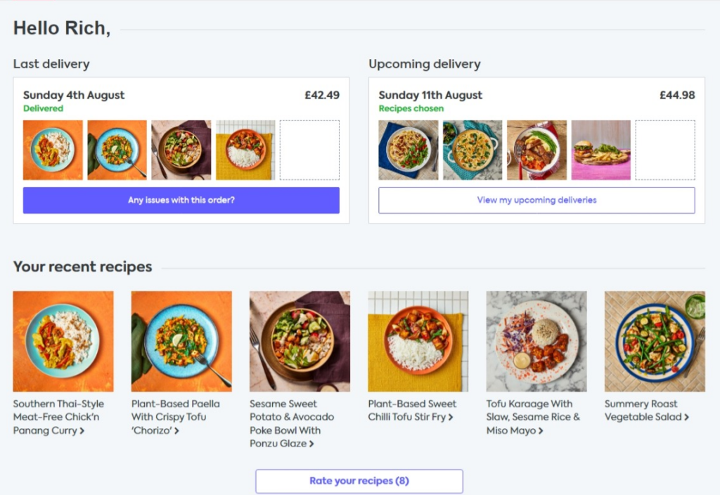 Gousto website showing the recipes
